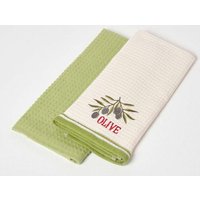 Homescapes Olive Waffle Cotton Tea Towels, Set of 2 in Green