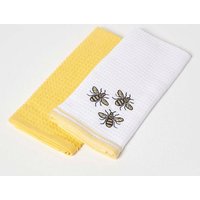 Homescapes Bumble-Bee Waffle Cotton Tea Towels, Set of 2 in Yellow