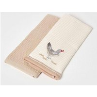 Homescapes Rooster Waffle Cotton Tea Towels, Set of 2 in Natural