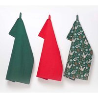 Homescapes Festive Forest Green Set of 3 Christmas Tea Towels in Dark Green