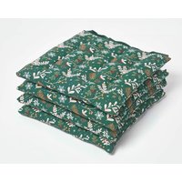 Homescapes 4 Pack Seat Pads Luxury Cotton Christmas Forest Indoor Outdoor Cushion in Green