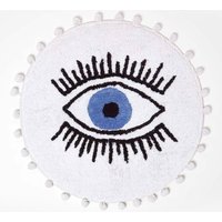 Homescapes Eye See You Natural Cotton Bath Mat with Pom Pom Edges in Blue