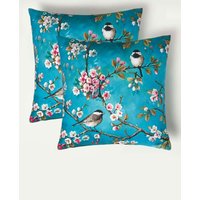Homescapes Luxury Waterproof Blue Bird Outdoor Cushion 45 x 45 cm, Set of 2 | Size: 45 cm x 45 cm