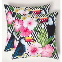 Homescapes Luxury Waterproof Tropical Toucan Outdoor Cushion 45 x 45 cm, Set of 2 in Pink | Size: 45 cm x 45 cm