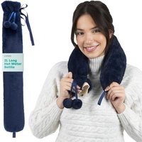 LIVIVO 2L Long Hot Water Bottle Pink - Pom-Poms Lattice Cover in Navy