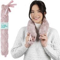 LIVIVO 2L Long Hot Water Bottle Pink - Pom-Poms Lattice Cover in Light Pink