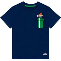 Super Mario Boy's Warp Pipe Print Mario Logo Gaming T-Shirt With Chest Pocket in Blue | Size: 7-8 Years