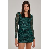 Pink Vanilla Women's Mesh Marble Long Sleeve Mini Dress in Green | Size: 10