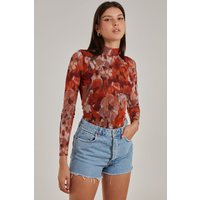 Pink Vanilla Women's Graphic Floral High Neck Bodysuit in Orange | Size: 6