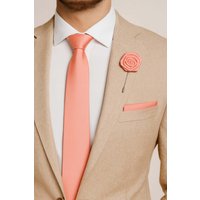 AJVANI Men's Formal Wedding Pocket Square + Bowtie + Flower Buttonhole Pin + Tie Set in Coral