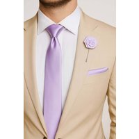 AJVANI Men's Formal Wedding Pocket Square + Bowtie + Flower Buttonhole Pin + Tie Set in Lilac