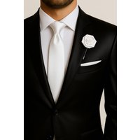 AJVANI Men's Formal Wedding Pocket Square + Bowtie + Flower Buttonhole Pin + Tie Set in White
