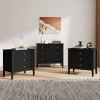 Melody Maison Wide 3 Drawer Chest Of Drawers & Pair Of Large Bedside Tables - Hales Black Range