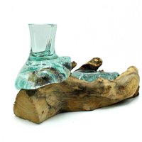KDMD Molten Glass Small Flower Vase & Tealight Holder on Wood in Brown