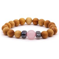 KDMD Women's Cedarwood Heart Chakra Bangle with Rose Quartz in Pink