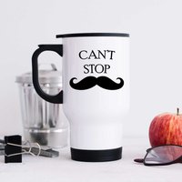 60 SECOND MAKEOVER Men's Can't Stop Moustache Metal Travel Mug in White