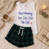 60 SECOND MAKEOVER Women's Best Mummy Ever Ever Ever The End Tartan Frill Short Pyjama Set in Green | Size: Small
