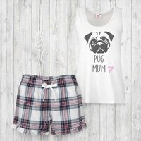 60 SECOND MAKEOVER Women's Pug Mum Tartan Frill Short Pyjama Set in White | Size: Small