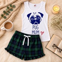 Pug Mum Pyjama Set Pink Tartan Friend Present