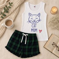 60 SECOND MAKEOVER Women's Cat Mum Tartan Pyjama Set in Green | Size: Small