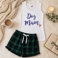 60 SECOND MAKEOVER Women's Dog Mum Tartan Frill Pyjama Short Set in Green | Size: XL