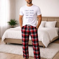 60 SECOND MAKEOVER Men's I Don't Snore I Just Dream I'm A Motorbike Tartan Pyjama Set in Red | Size: Large