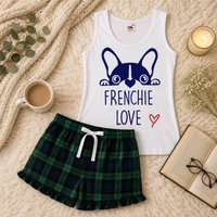 60 SECOND MAKEOVER Women's Frenchie Love Tartan Frill Short Pyjamas Set in Green | Size: XS
