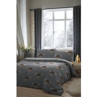 Fusion 'Highland Cow' Print With Tartan Reverse Duvet Cover Set in Grey | Size: King