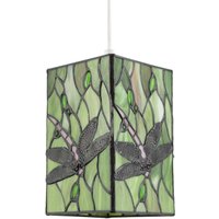 Happy Homewares Stained Glass Dragonfly Rectangular Tiffany Pendant Light Shade in Green