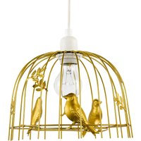 Happy Homewares Designer Birdcage Pendant Light Shade with Birds & Leaves in Gold