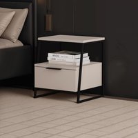 FWStyle Sandstone 1 Drawer Bedside Table Nightstand Black Metal in Beige