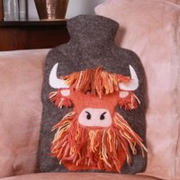 Pachamama Highland Cow Design Hot Water Bottle With Hand Felted Wool Cover in Brown