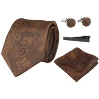 Paul Andrew Paisley Neck Tie Pocket Square Cuff Links in Brown