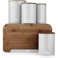 Tower T826141DGRY Scandi 5 Piece Storage Set w/ Bread Bin, Biscuit Barrel, 3 Canisters for Tea, Coffee, Sugar & Other Loose Ingredients, Durable Iron