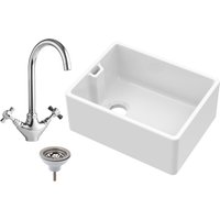 Balterley Single Bowl Fireclay Belfast Sink Basket Strainer Waste Tap 595mm in White
