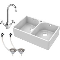Balterley 2 Bowl Fireclay Belfast Sink Tap Hole Full Wier Waste Mono Mixer Tap in White