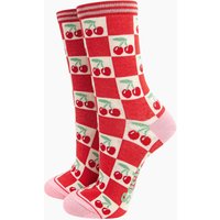 Cherry Check Print Bamboo Socks Cream Red