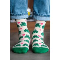 Sock Talk Women's Green Frogs Bamboo Ankle Socks in Cream | Size: 3-7