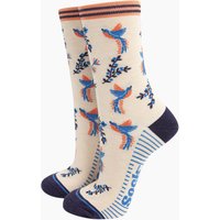 Sock Talk Women's Hummingbird Floral Bamboo Socks - Blue in Cream | Size: 3-7