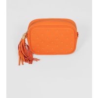 Sarta Women's Giulia Italian Leather Studded Crossbody Camera Bag in Orange