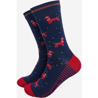 Sock Talk Men's Sausage Dogs Santa Hats Christmas Bamboo Socks Navy Red | Size: 7-11