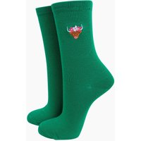 Sock Talk Women's Highland Cow Embroidered Cotton Socks - Green | Size: 3-7