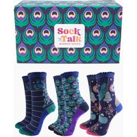 Sock Talk Women's Playful Peacocks Bamboo Sock Gift Set in Blue | Size: 3-7