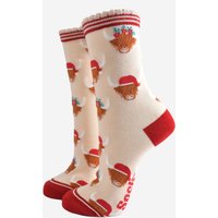 Sock Talk Women's Highland Cow Christmas Bamboo Socks - Cream/Red in Red | Size: 3-7
