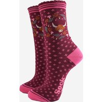Sock Talk Women's Highland Cow Autumn Wreath Bamboo Socks - Burgundy/Pink in Pink | Size: 3-7