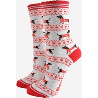 Sock Talk Women's Sausage Dog Fair Isle Love Hearts Bamboo Socks - Grey/Red in Grey | Size: 3-7