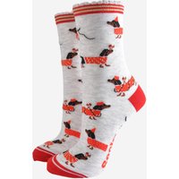 Sock Talk Women's Sausage Dog Christmas Robins Bamboo Socks - Grey/Red in Grey | Size: 3-7