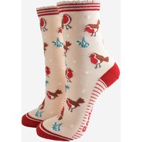 Sock Talk Women's Bamboo Socks - Cream/Red, Christmas Robin in Red | Size: 3-7