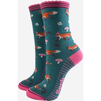 Sock Talk Women's Woodland Fox Bamboo Socks - Green/Pink in Green | Size: 3-7