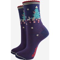Sock Talk Women's Woodland Animals Christmas Tree Bamboo Socks - Navy Blue | Size: 3-7